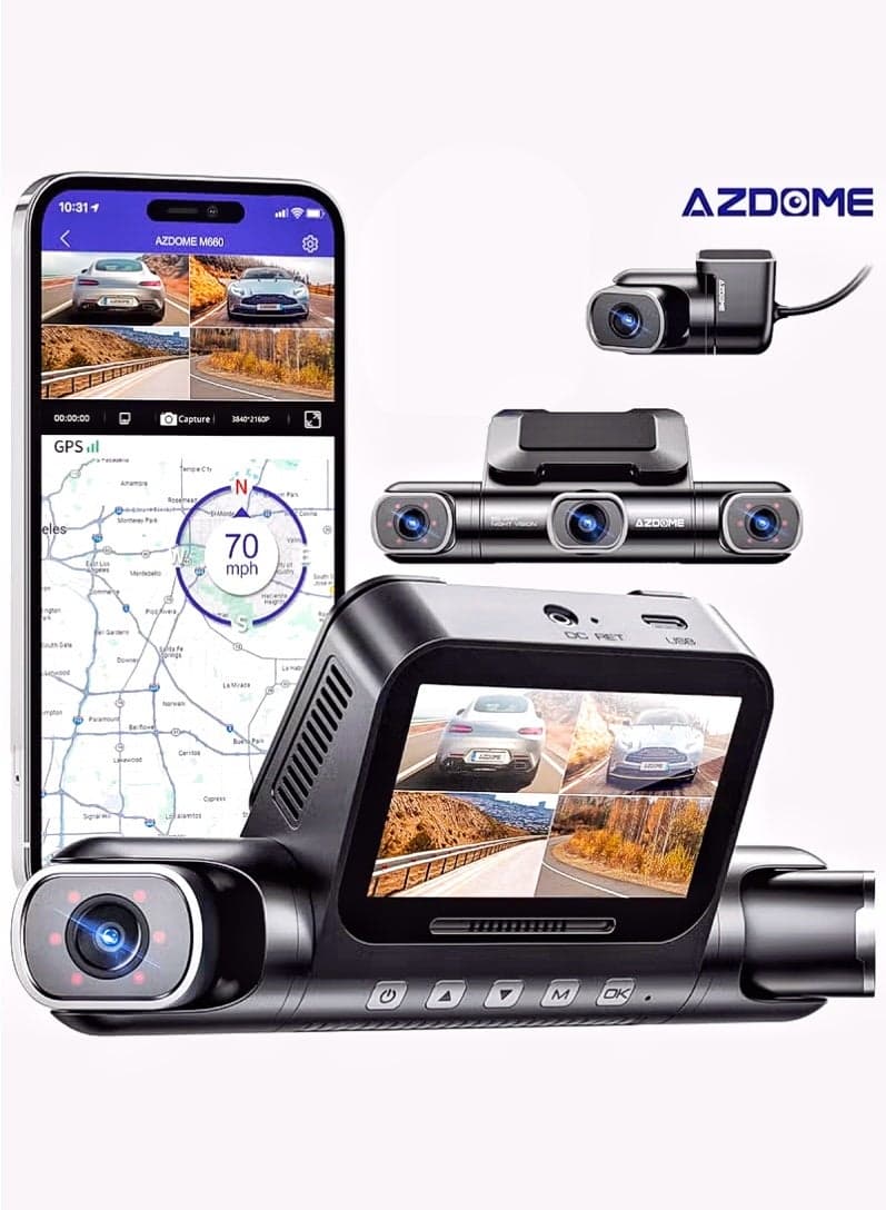 4 Channel 360° Dash Cam Front Rear Inside with 128GB eMMC, 4K+2K+1K+1K Dashcam 5G WiFi IR Night Vision, Voice Control, Parking Mode, Fatigue Driving Reminder