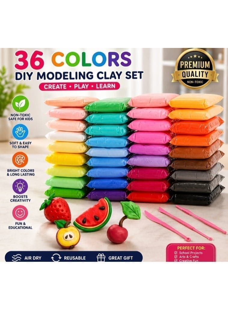 36-Color Air-Dry Clay Set for Kids – Soft, Non-Toxic & Lightweight Modeling Clay for DIY Crafts, Educational Play & Creative Fun