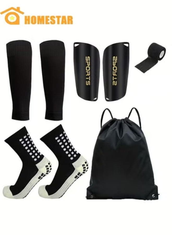 Football Five-Piece Set, 1 Pair Grip Soccer Socks, 1 Pair Soccer Sleeve Socks with 1 Pair Shin Guards and 1 Shin Straps, 1 Storage bag