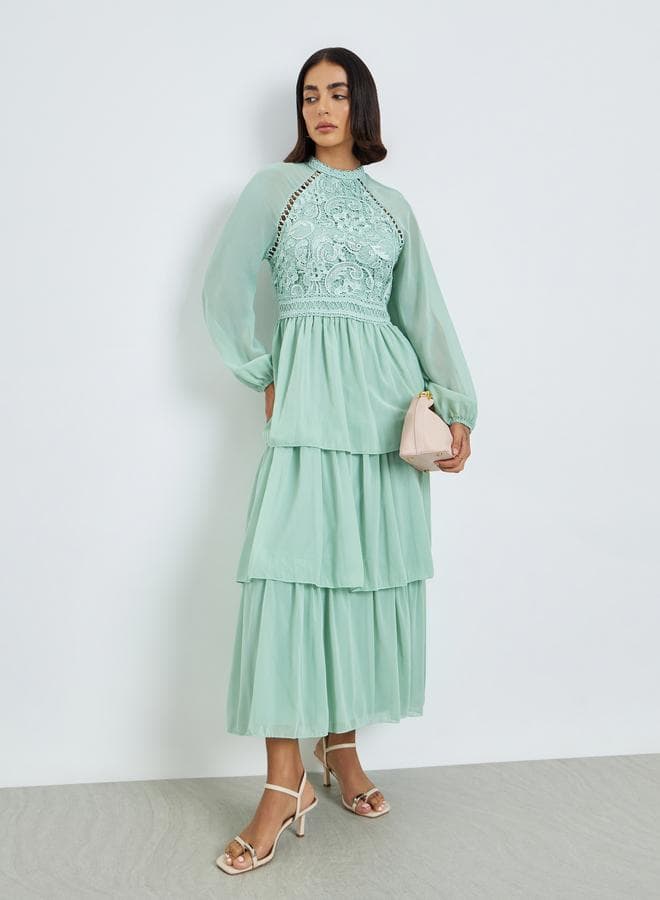 Green Lace Tiered Maxi Dress
