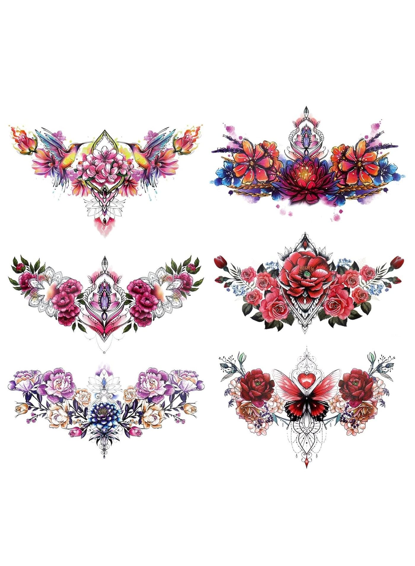 6 Sheets Colorful Chest Temporary Tattoos for Women Girls Large Adult Temporary Tattoos Rose Flower Jewel Fake Tattoos for Women Sexy Tattoos Last Long Realistic Body Tattoos on Chest Back Tummy