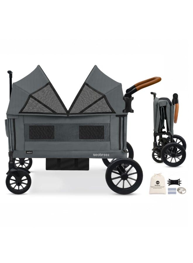 ADVI Wagon Cargo Push & Pull Foldable Double Stroller For 2 Kids, Waterproof UPF 50+ Removable Canopy, 2in1 Cup Holder, 6m-4yrs, 44kg, 3yrs Warranty