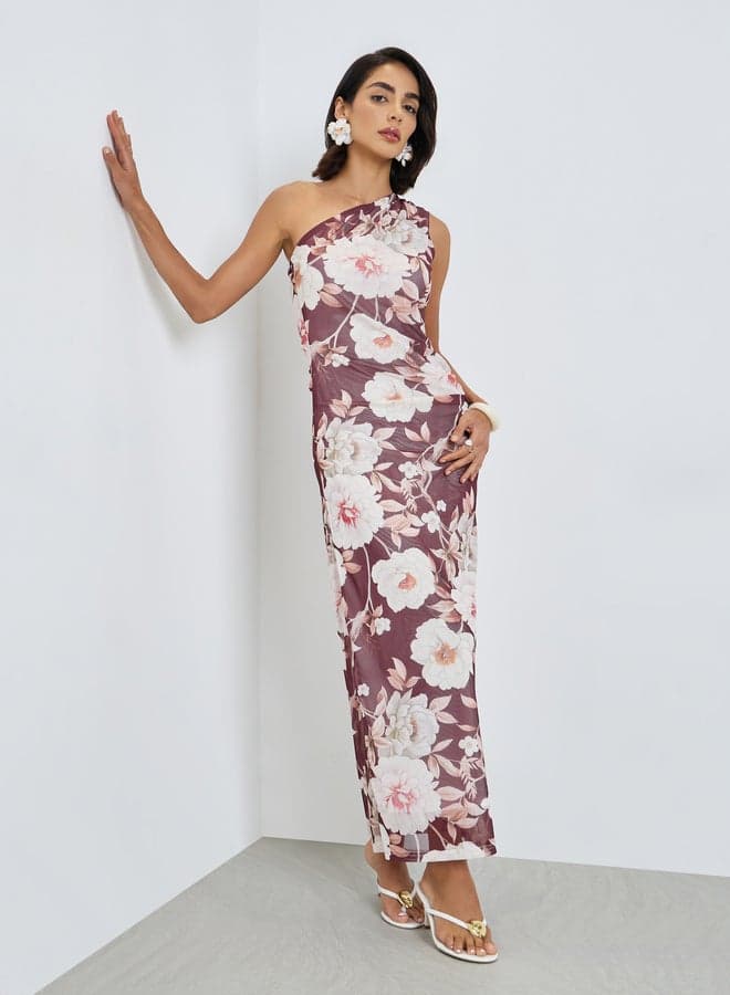 Brown Floral One-Shoulder Maxi Dress