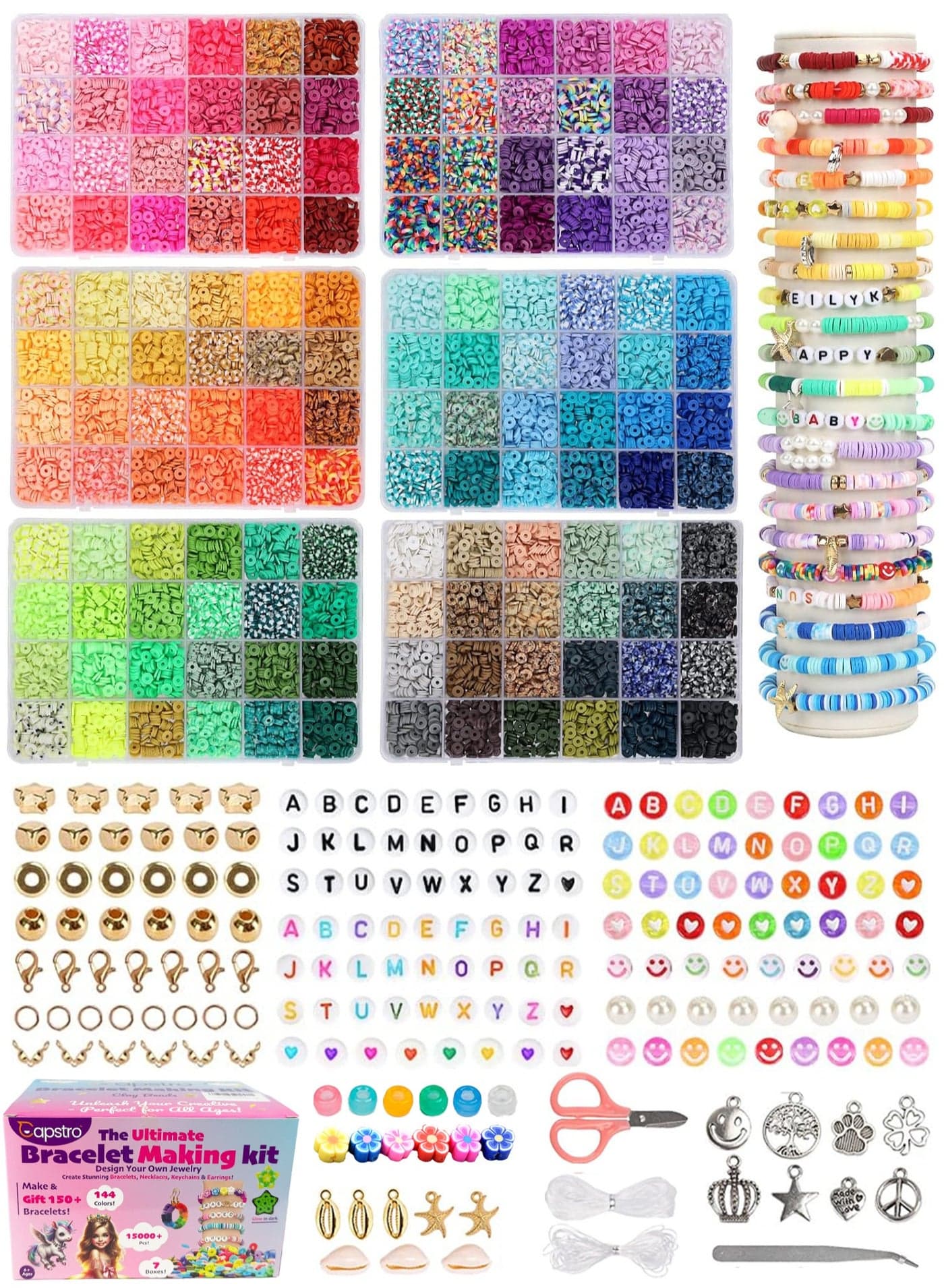 15000PCS 144 Colors Clay Beads Bracelet Kit – Includes Letter Beads, Charms, Glow Beads & Flower Beads – Ultimate Friendship & Jewelry Craft Kit for Girls & Boys