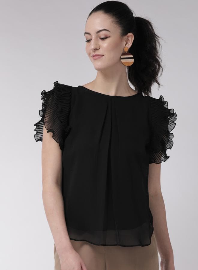 Solid Ruffled Top With Curved Hem