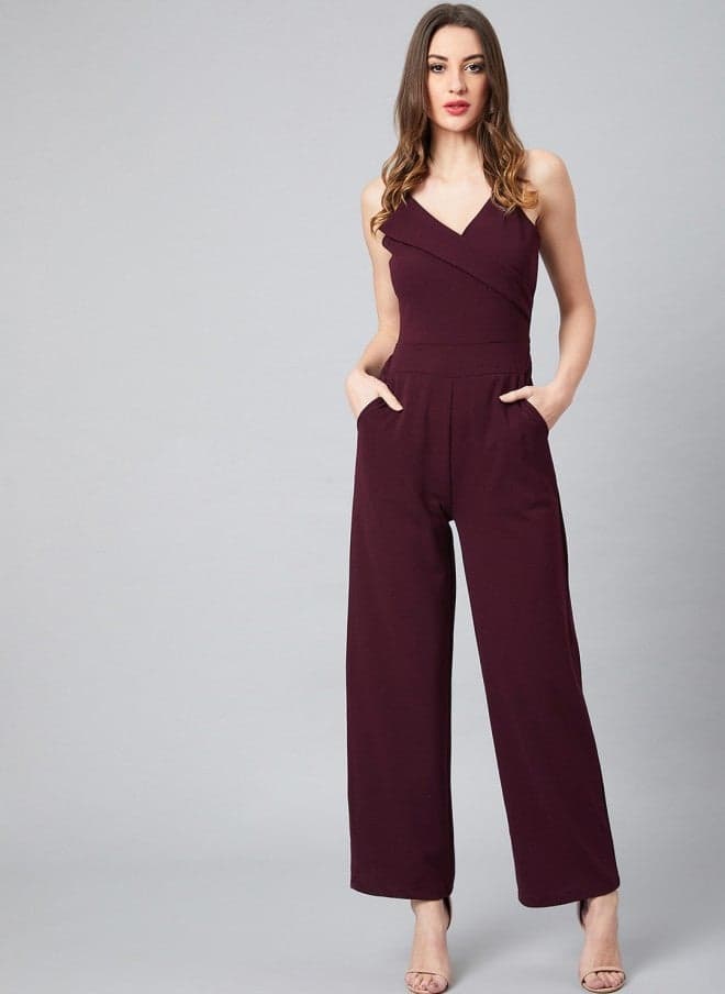 Burgundy Solid Basic Jumpsuit for Women