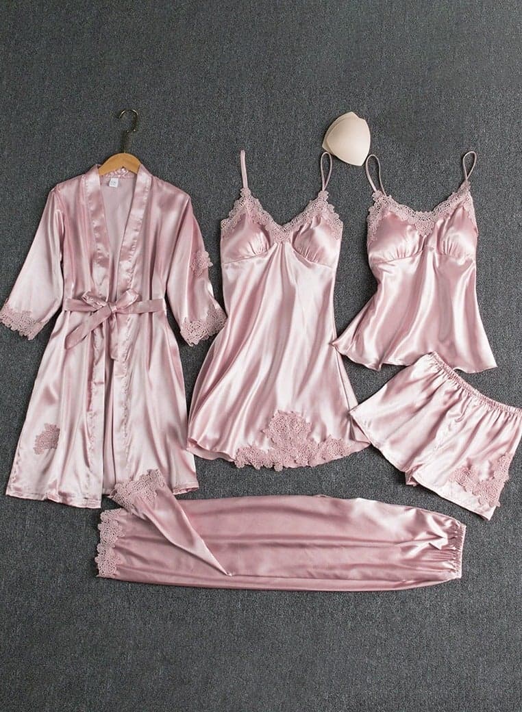5 - Piece Pajama Set With Lace Detailing - Luxurious Sleepwear For Women