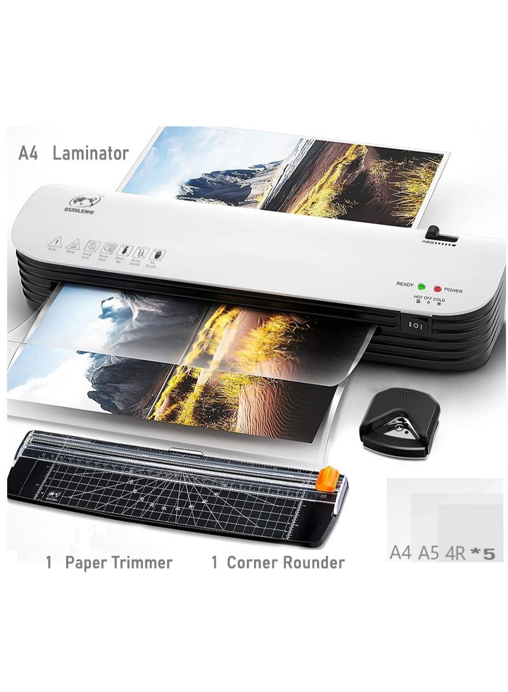 OSMILE SL299 Hot And Cold Laminating Machine, A4A5A6 Laminator Machine Set, 4 in 1 Thermal Laminator for Home Office School Use, 9 inches Max Width,Paper Trimmer,Corner Rounder (15 Laminating Pouches)