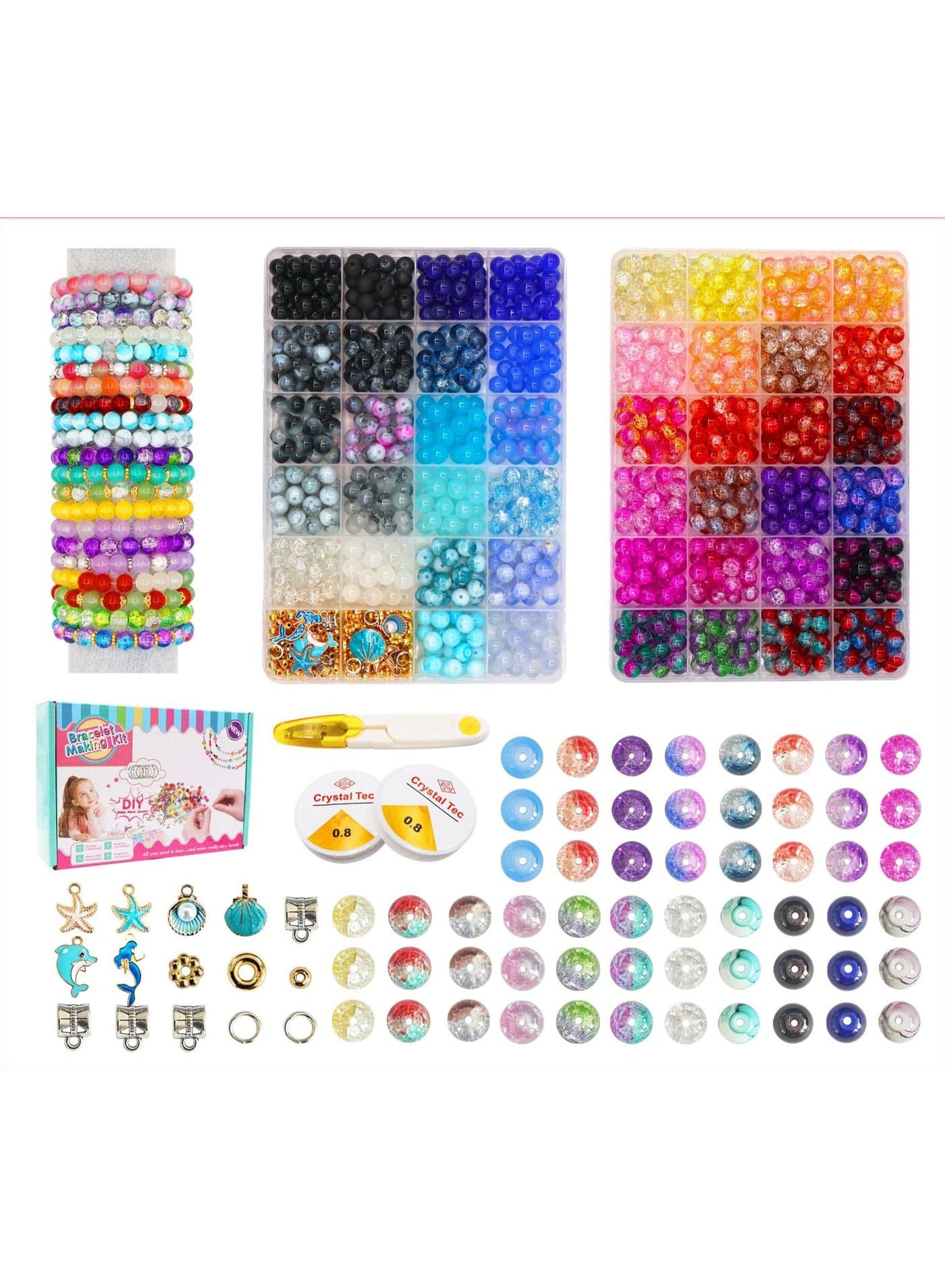 1190PCS Crack Glass Beads Kit – 8mm DIY Bracelet Making Set with 48 Grid Organizer Box, Charms, Elastic String & Beading Needle for Jewelry Craft Gift for Girls & Kids – Rainbow Mix