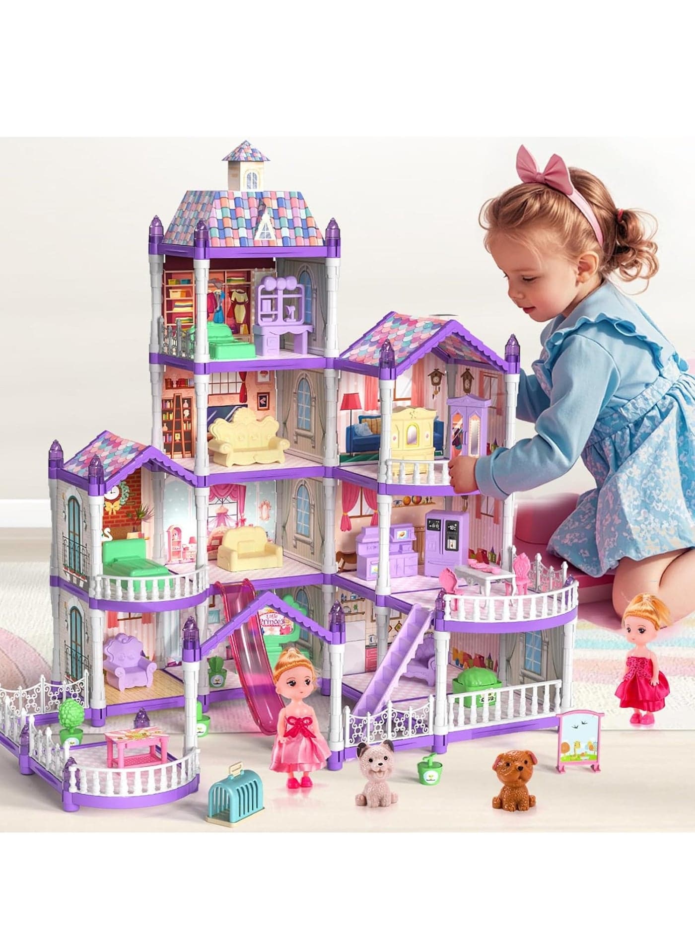 4-Story Princess Doll House Dollhouse with Glow in The Dark, Doll House Playset with 2 Dolls, 12 Play Areas, Fully Furniture and Accessories, Toys for 3-9 Years Old Girls Gift, Purple