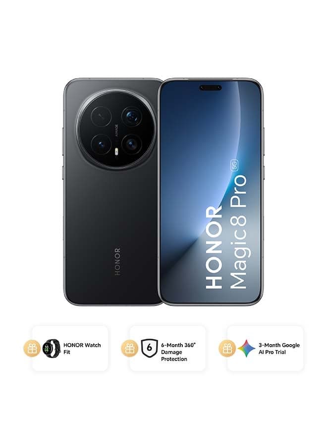 Magic 8 Pro Dual SIM 5G Black 12GB RAM 512GB With Free Watch Fit, 6 Month 360° Damage Protection Insurance and 3 Month Google AI Pro Trial - Middle East Version