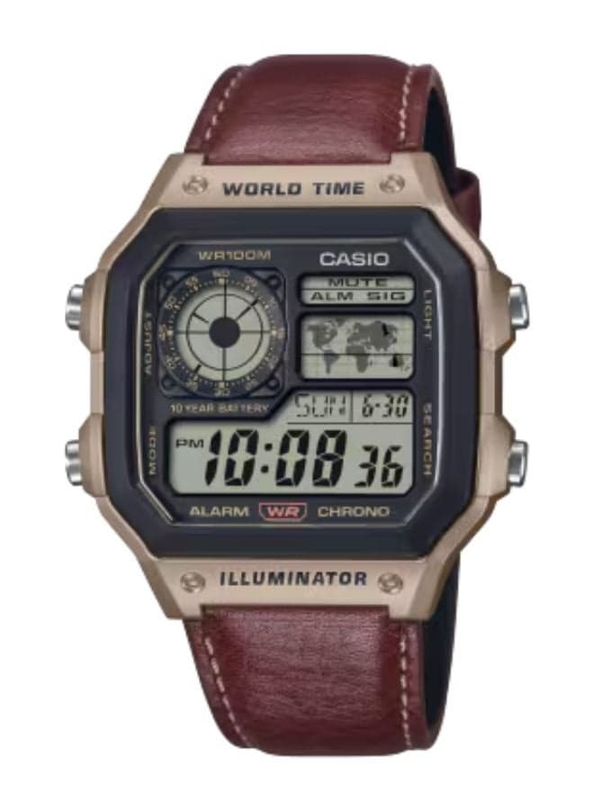 Digital Men Watch Black Dial and Brown leather band AE-1200WHL-5AVDF