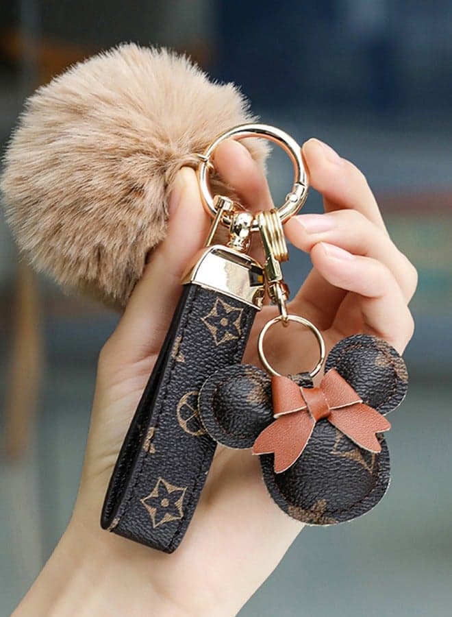Dark brown keychain with elegant fluffy fur for women A great option as a gift Plaid leather and golden metal keychain includes matching accessories