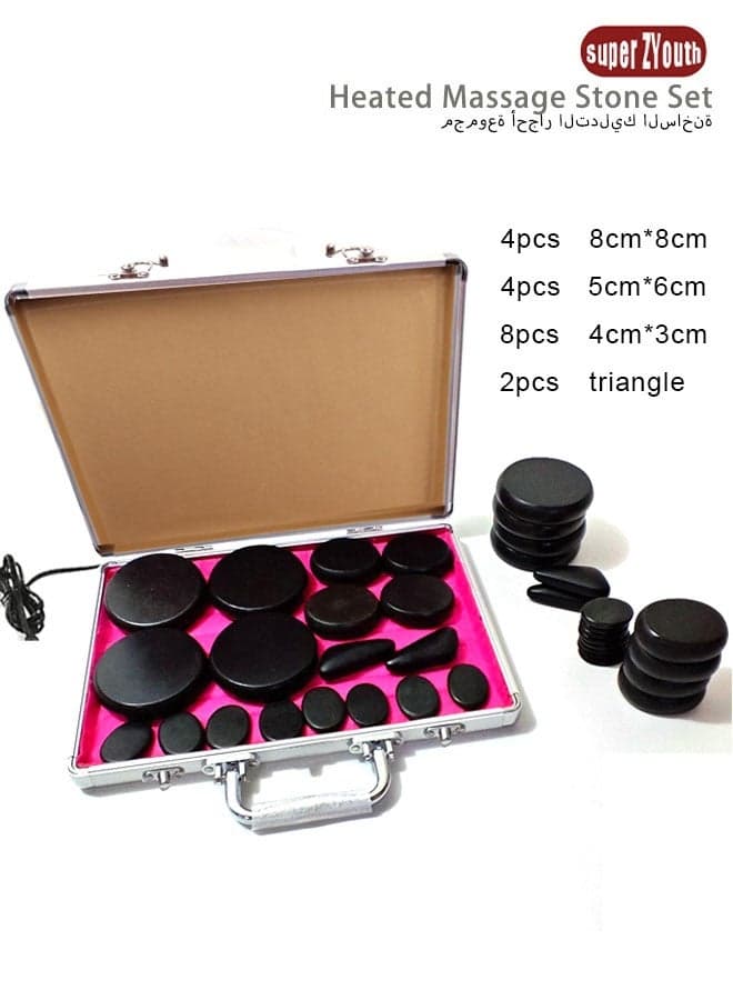 18-Piece Professional Massage Energy Stone with Heating Box, Portable Soft Natural Basalt Hot Stone Set for Spa and Therapy (UK Plug)