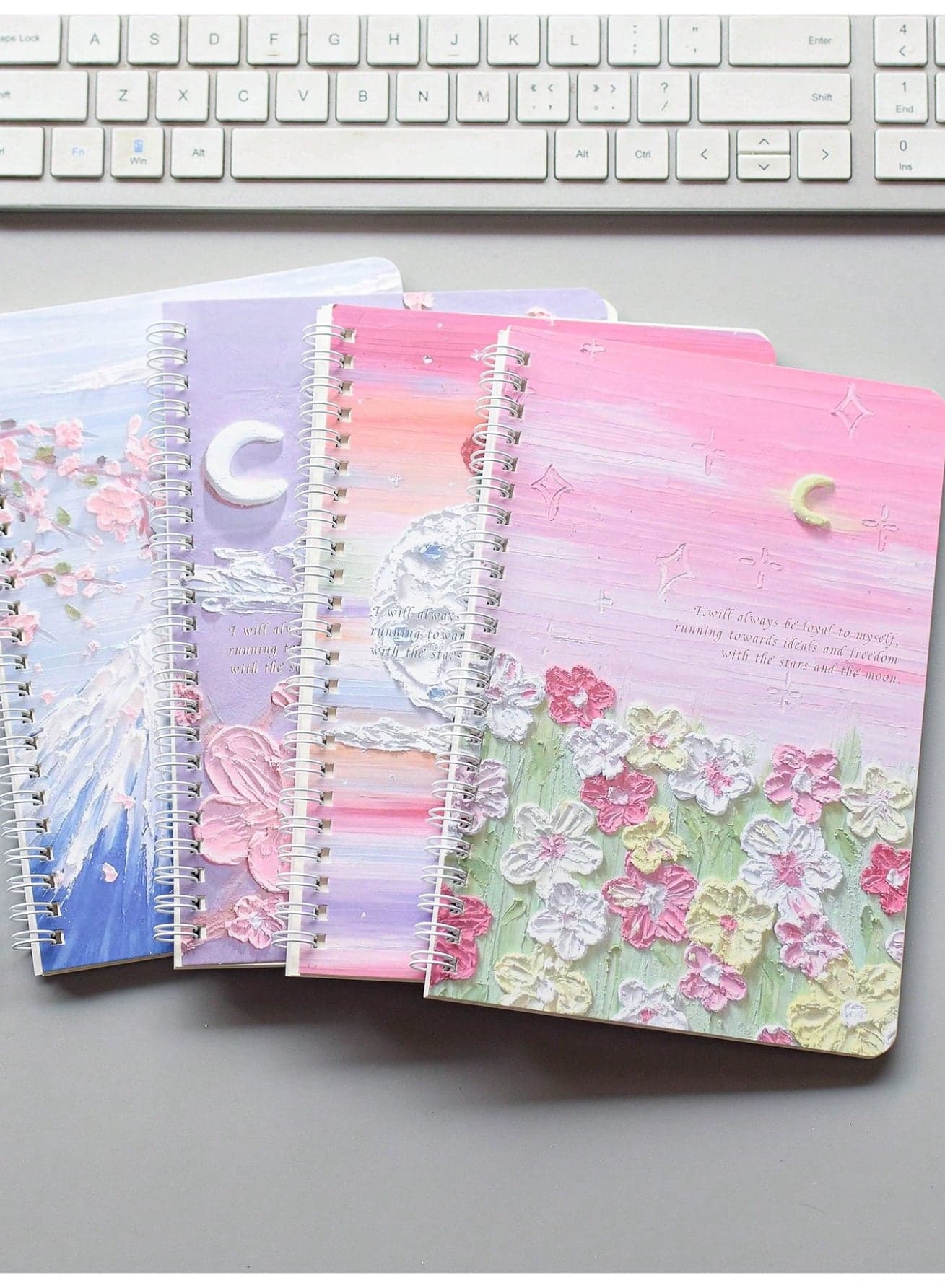 4-Pack A5 Spiral Notebooks – 60 Sheets / 120 Pages Each, Thick Lined Paper, Durable 360° Binding, Oil Painting-Inspired Covers with Starry Sea & Spring Peach Styles – Vintage Aesthetic Journals for School, Office, or Gift Use
