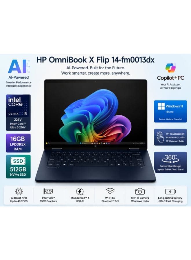 HP OmniBook X Flip 14-fm0013dx 2-in-1 Convertible Laptop (2025) – 14" 2K Display, Touchscreen, Intel® Core™ Ultra 5 226V, 16GB LPDDR5X RAM, 512GB PCIe SSD, Intel® Arc™ 130V Graphics, Windows 11 Home, Backlit English Keyboard, Atmospheric Blue – International Version English Atmospheric Blue