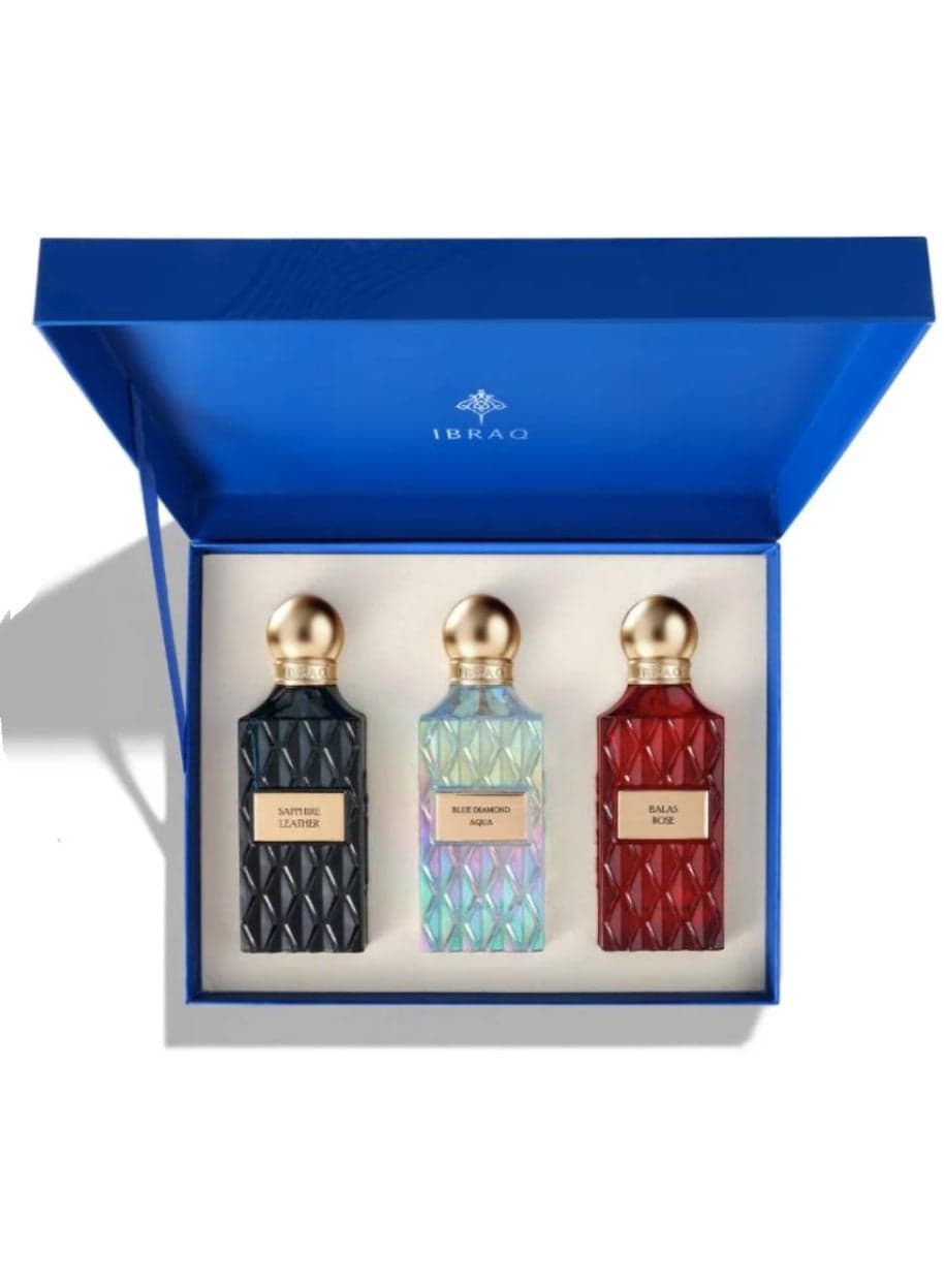 Ibrahim Alqurashi - Blue Wish Blue Box (75 mL * 3): · Saphire Leather · Balas Rose · Blue Diamond