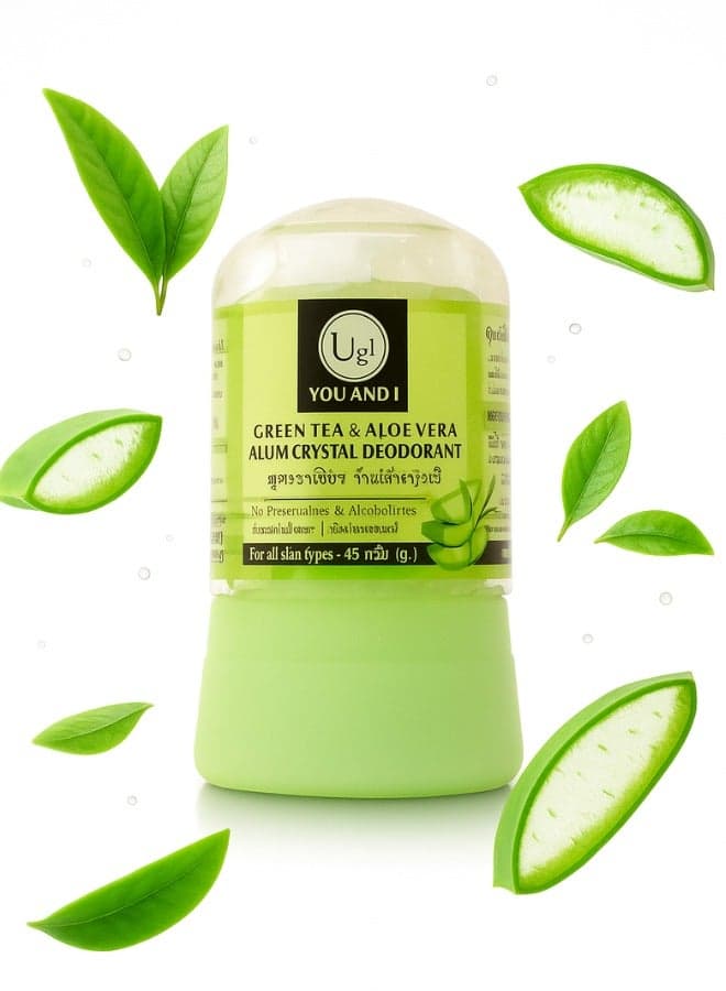 Green Tea & Aloe Vera Natural Alum Crystal Deodorant – 24h Protection, No Alcohol, No Parabens – For All Skin Types – 45g