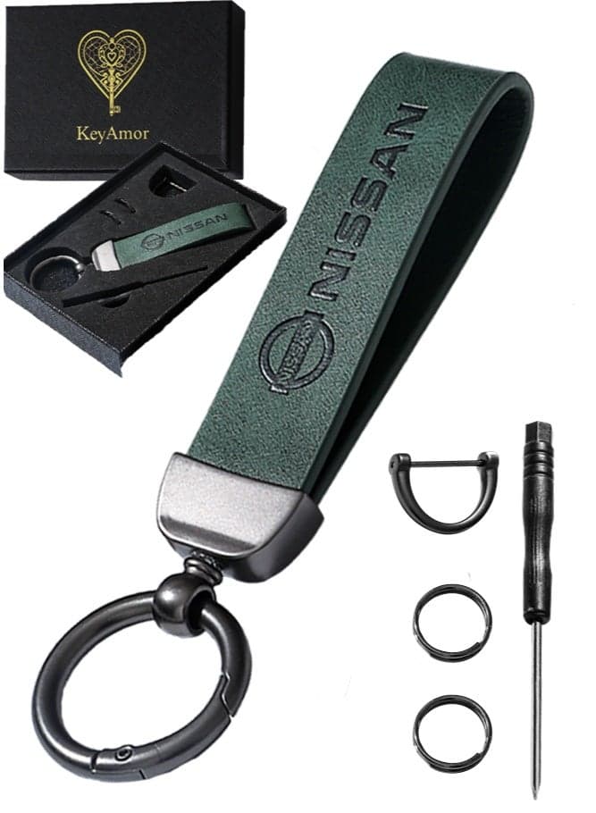 Luxurious Leather & Metal Keychain – green Edition with Nissan Logo Elegant green metal and leather keychain car key holder for adults. Stylish car keychain with 3 key rings, featuring the iconic Nissan logo, perfect as a fancy gift or car accessory. Designed in a sleek green colour for a refined and modern look, it offers 360-degree rotation for added convenience, is suitable for both men and women, and comes beautifully packaged in a fancy gift box.