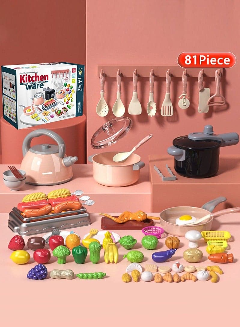 81Pcs Kids Kitchen Toy Accessories Set, Toddler Pretend BBQ Cooking Playset with Play Pots and Pans, Utensils Cookware Toys, Cut Play Food Set, Toy Vegetables, Play Kitchen Toy Pink