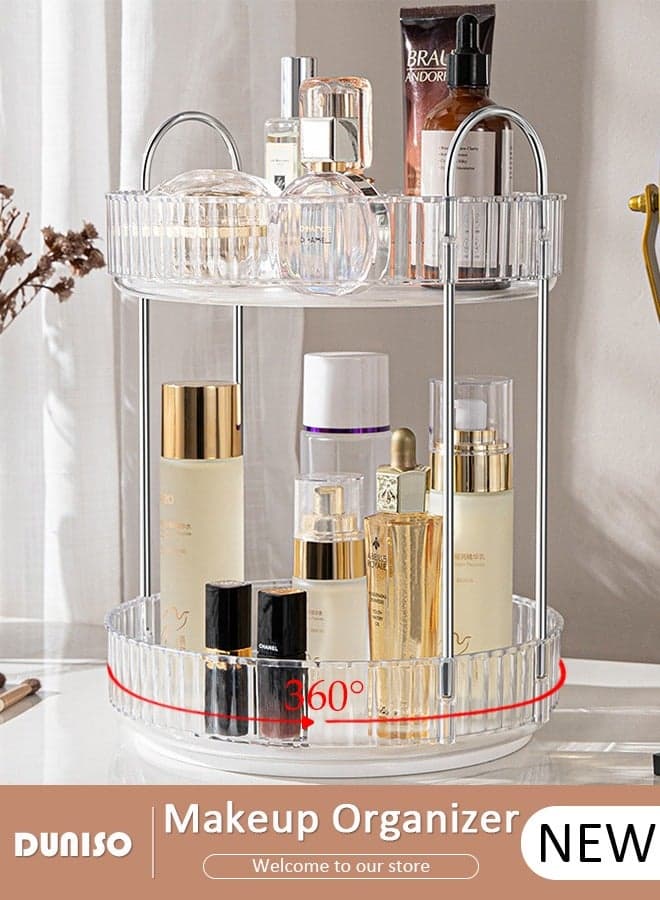 360° Rotating Makeup Organizer for Vanity, Bathroom Countertop Organizer Spinning Perfume Organizer, High-Capacity Cosmetic and Skincare Dresser Make Up Holder Rack, Clear Bathroom Counter Organizer for Cosmetics, Lipsticks, Spinning (2 Tier)