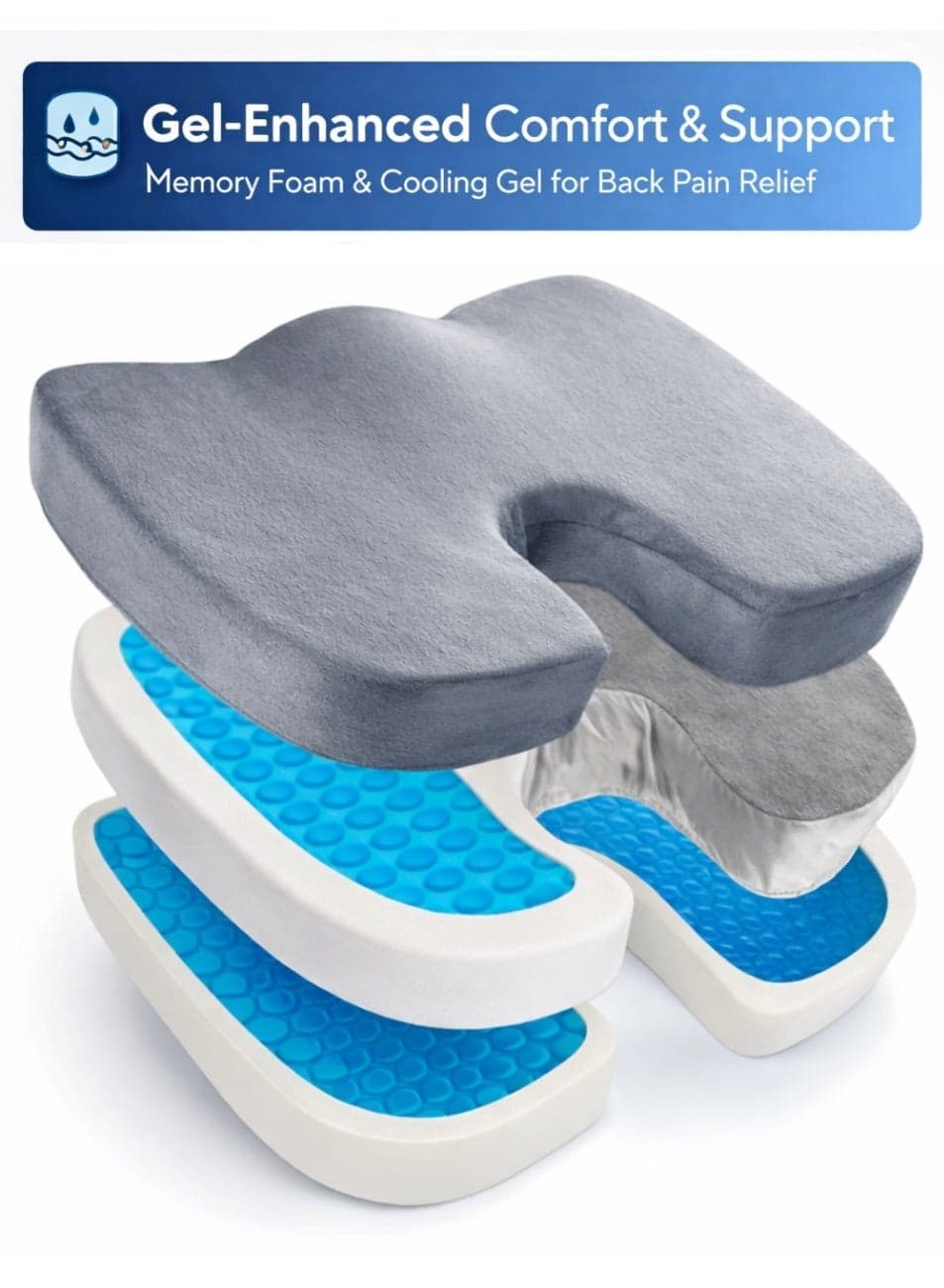 Gel-Enhanced Non-slip Coccyx Memory Foam Seat Cushion - For Back Pain Relief, Tailbone Support, Sciatica, Healthy Posture, Office Chair, Car Seat, Travel, Driving, Wheelchair and more