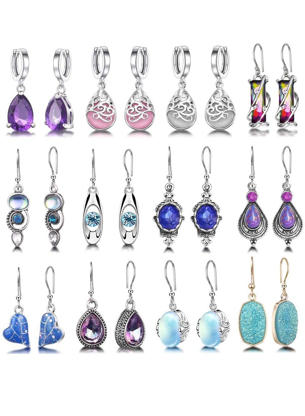 Teardrop Crystal Earrings Dangle Set for Women Girls 12 Pairs Cubic Zirconia Huggie Hoop Dangle Earrings Jewelry Set Vintage Bohemian Flower Drop Dangle Earrings Gifts for Girl Mum Wife