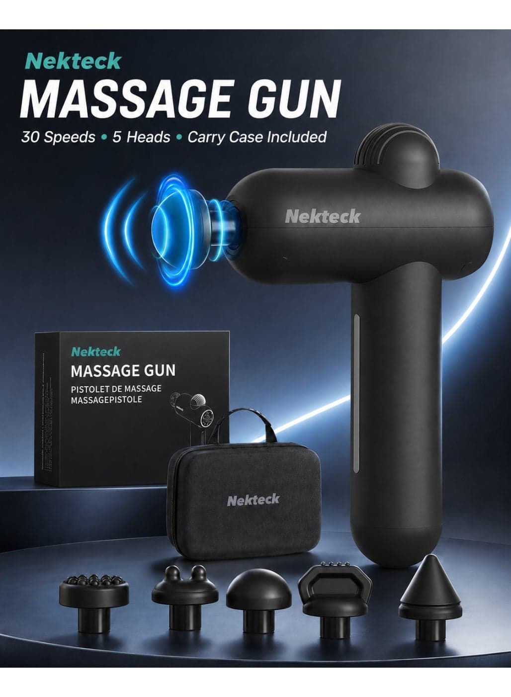 Nekteck Massage Gun Deep Tissue Body Massager Set with Bag Quiet & Portable for Back Neck Pain Relief Body Muscle Relaxation Pain Relief Ideal for Home Office Use Perfect Gift