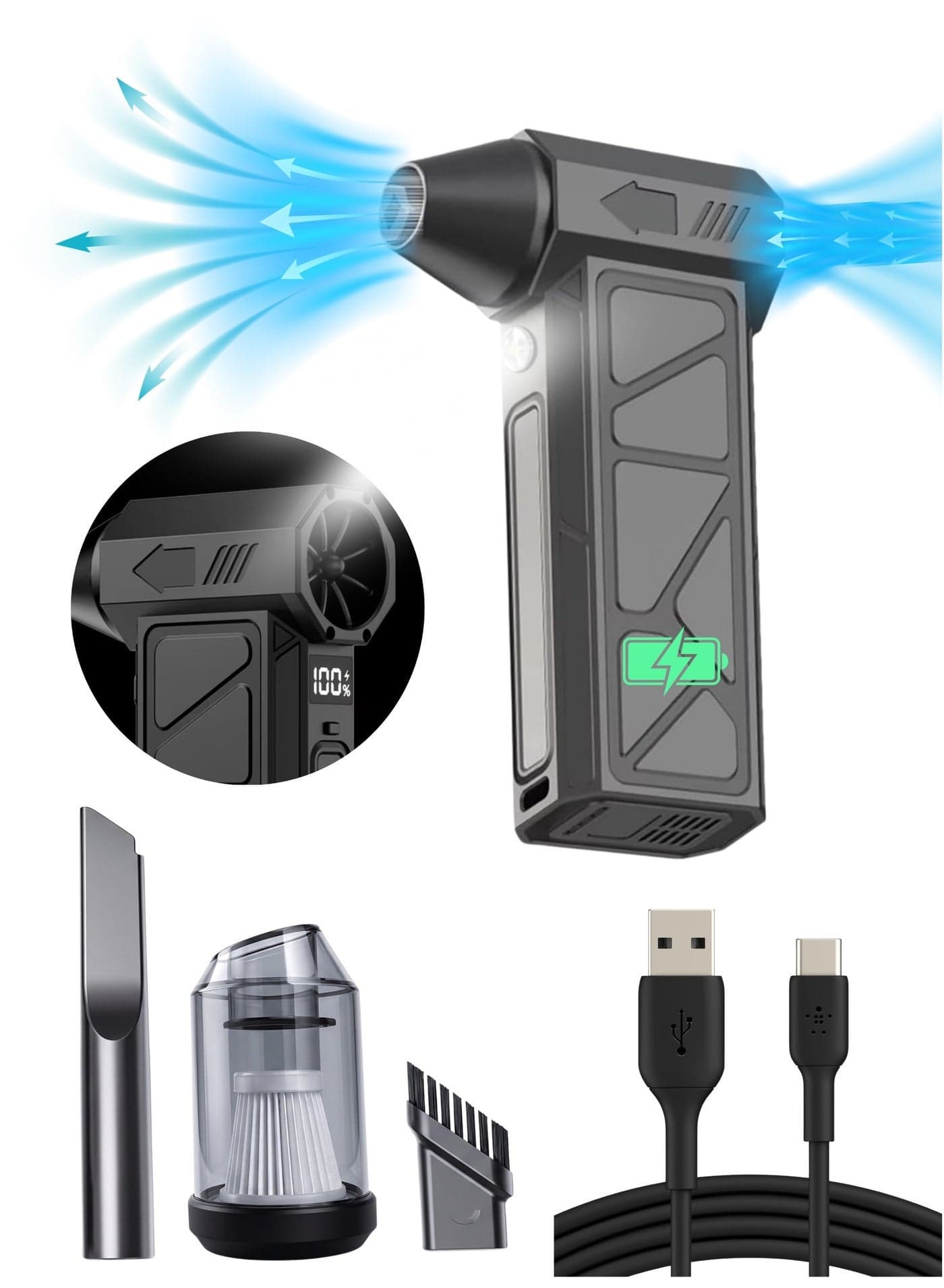 Cordless Turbo Air Duster & Vacuum Cleaner 2-in-1, 100,000 RPM Turbo Fan, 2000mAh Rechargeable Battery, LED Light, Portable Electric Blower with 4 speed levels with Carry Case & Filter