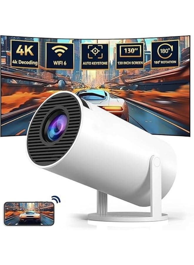 4K HY-300 Pro Mini Projector with WiFi 6 and Bluetooth 5.0 Outdoor Movie Projector Portable Smart Projector for Home Theater Compatible with iOS Android PC DVD (White)