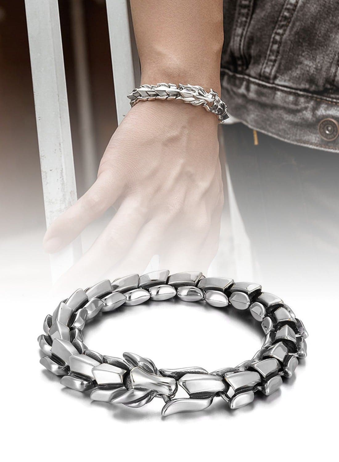 Silver Men's Bracelet, Retro Dragon Scale Accessory-Size 22cm(8.66in)