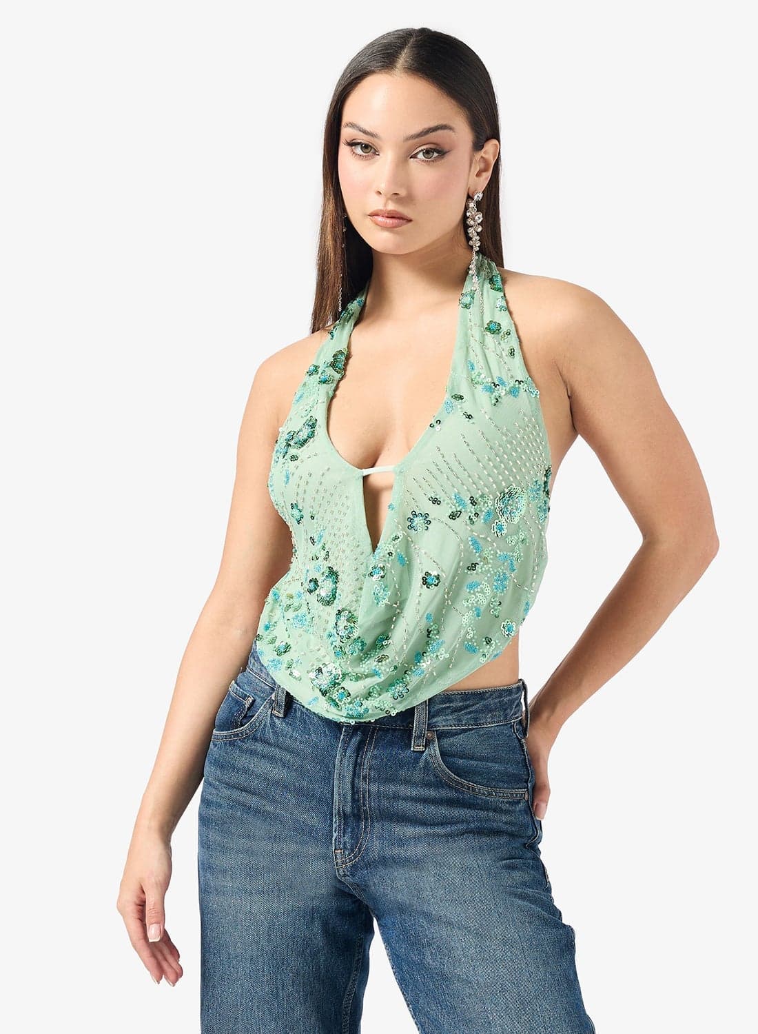 Halter Neck Sequin Embellished Top
