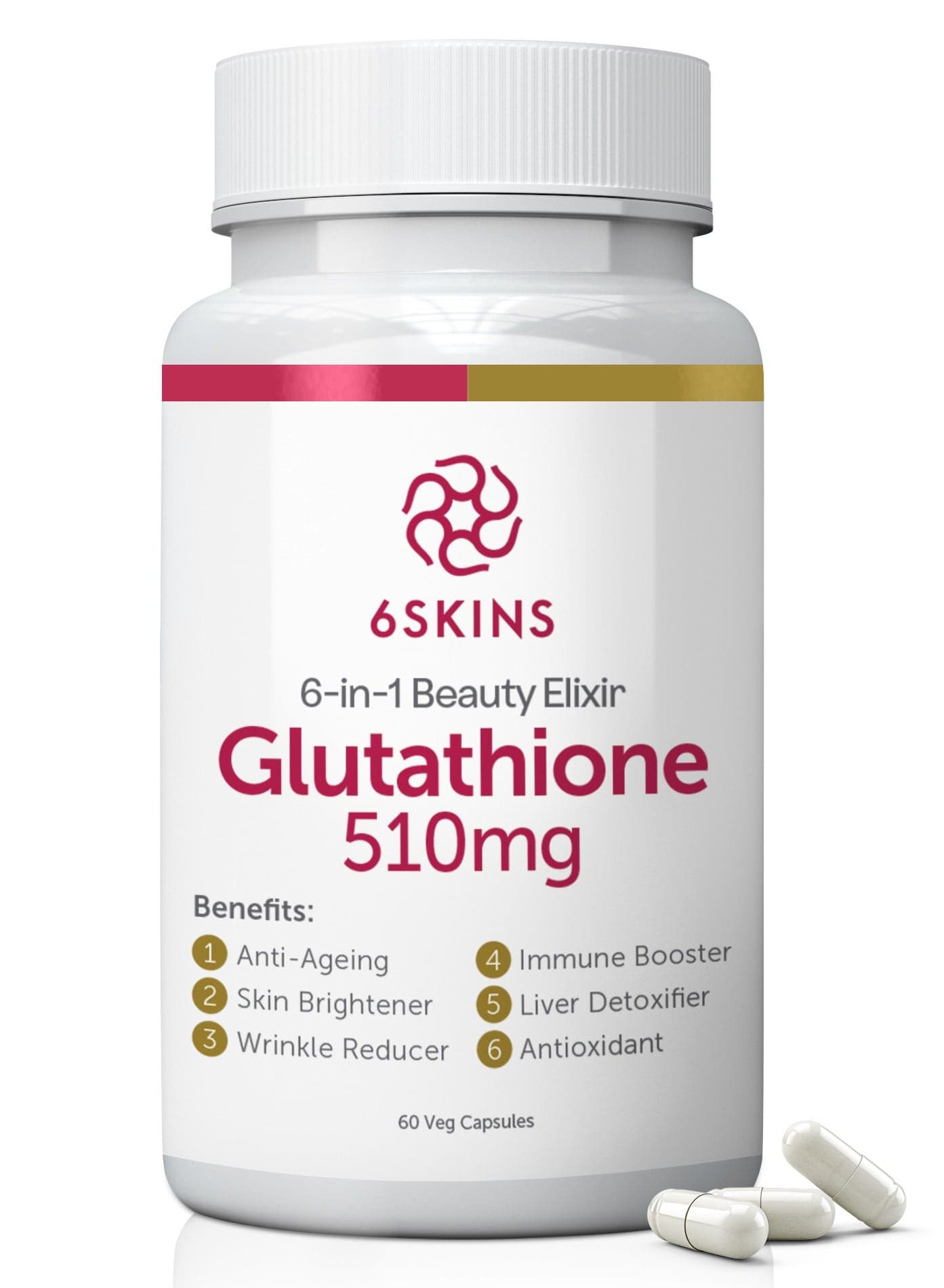 6in1 Beauty Elixir with L-Glutathione 510mg, NAC 102mg & Hyaluronic Acid 150mg Glutathione Supplement with 4x Absorption - Immune & Liver Support, Powerful Antioxidant for Skin - 60 Capsules