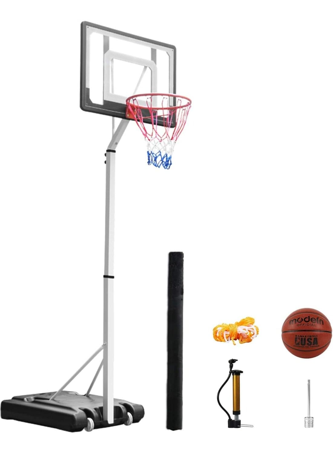Portable Height-Adjustable Basketball Hoop Assembles, Adjustable Outdoor Indoor Basketball Hoop Goal System Stand with Wheels for Adults and Kids, with Sheath, Basketball, Pump, Ball Needle