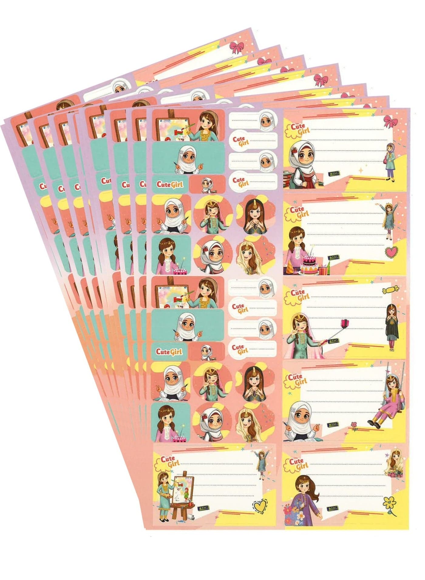 10-Sheet Name Labels And Stickers For School Cute Girl Design