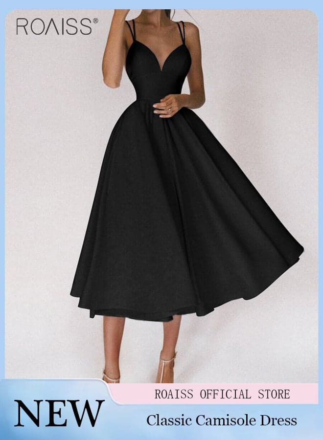 Women's Fashionable Classic Suspender Dress Versatile A-Line Dress Adjustable Suspender Design High Waist Silhouette, and Flowing Big Skirt Hem Daily Commuting Black