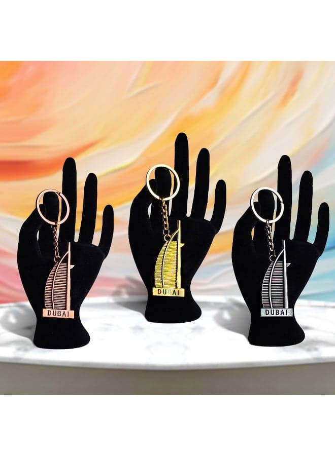 Premium Dubai Metal Keychain – Burj Al Arab Shape | 3 Pcs Assorted Colors | Dubai Souvenir Gift