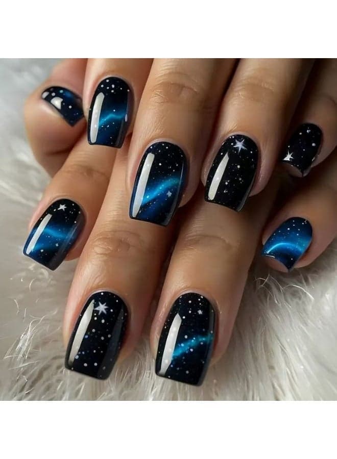 Galaxy Starry Sky Press On Nails Blue Ombre Square Glossy Artificial Nails 24PCS Full Cover Reusable False Nails Cosmic Nail Art Salon Look Manicure Set