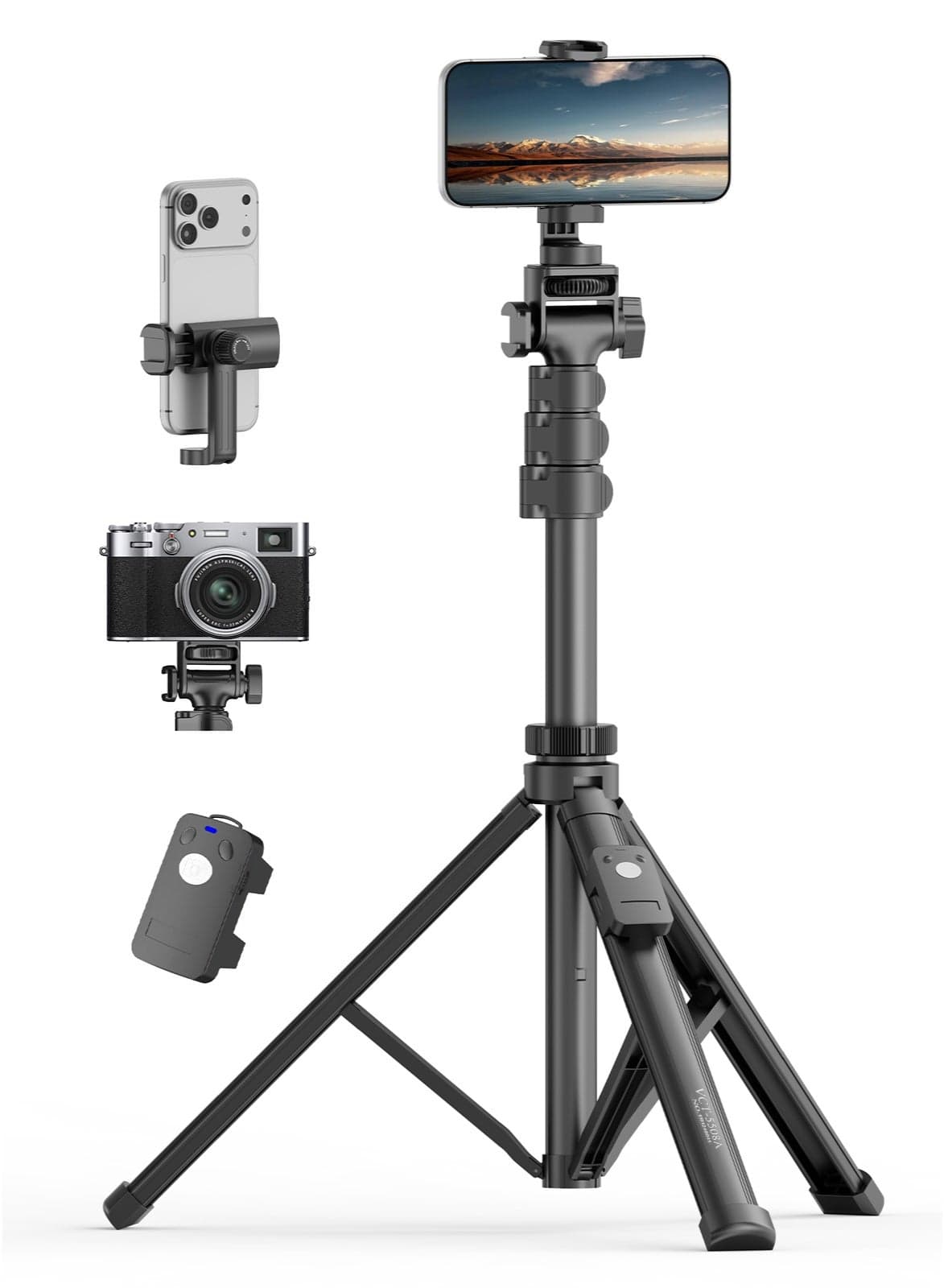 170cm Phone Tripod, Portable Phone Stand Tripod for Travel or Video Recording, 10M Long Distance Remote Control, with 1/4'' Screw and Detachable Phone Clamp, Compatible with iPhone, Android and Camera with 1/4'' Hole