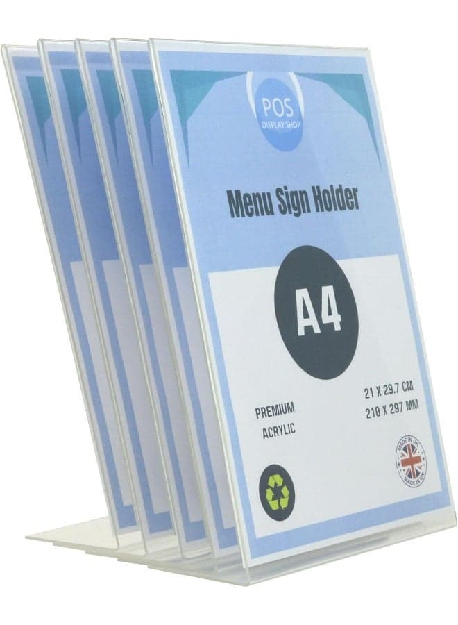 5 x A4 Portrait Acrylic Table Menu Copy Document Poster Sign Holder Angled Lean to Perspex Leaflet Stand - 100% Recyclable! Handmade in The UK!