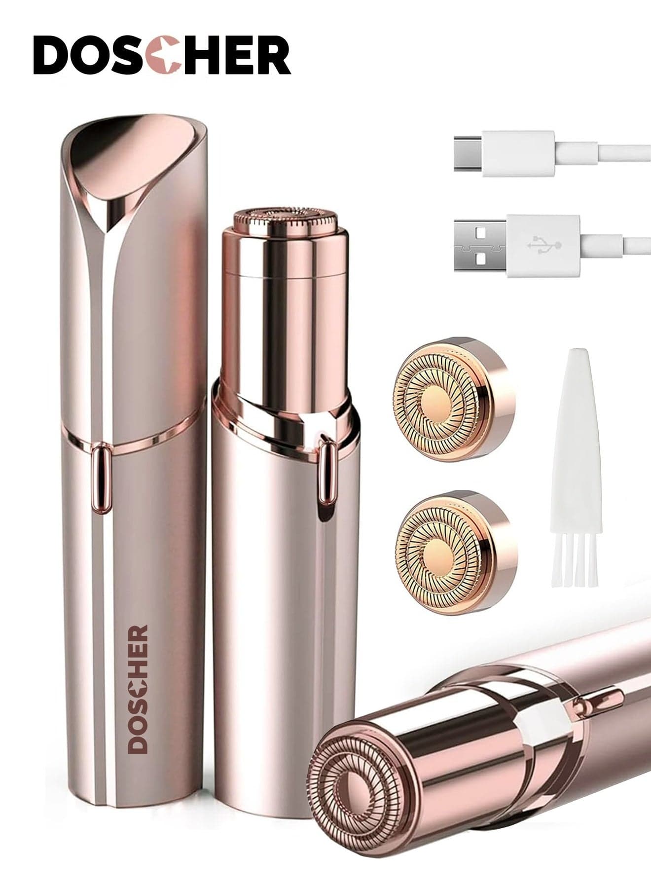 Facial Hair Removal for Women, Painless Epilator Hair Remover Device with 2 Pcs Replacement Heads , USB Rechargeable Face Electric Razor and Full body shave for ladies Legs, Bikini Line, Arms,Underarm,Face.