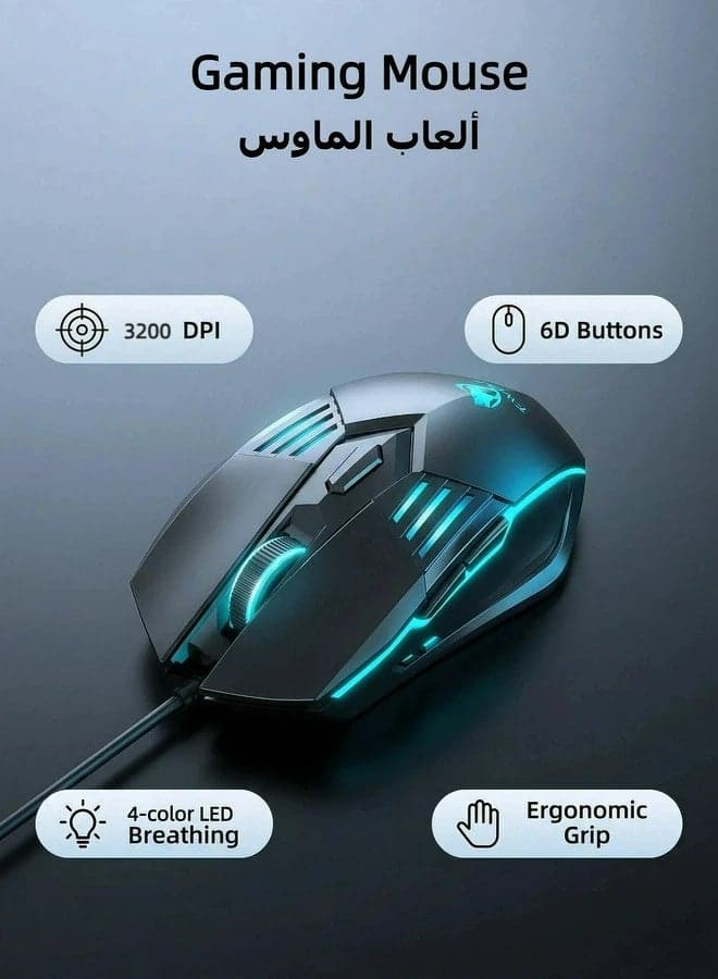 T-WOLF gaming mouse wired gaming mouse 6D button 4-color breathing light 3-speed DPI adjustment 3200DPI high-precision gaming computer mouse ergonomic backlight USB mouse