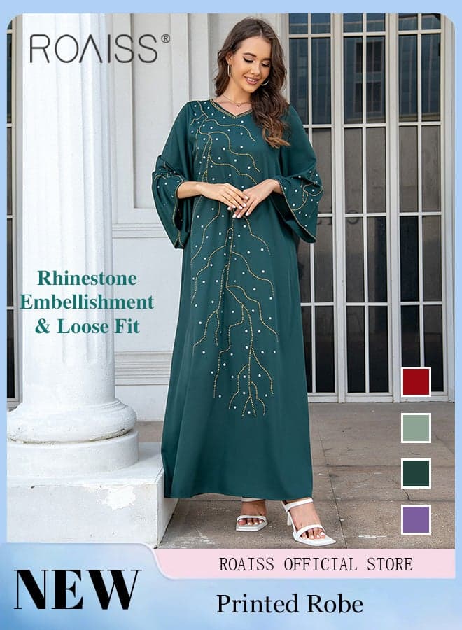 V Neck Abaya Muslim Dress Arabic Robe for Women with Rhinestones Decor Elegent Ladiesflare Sleeve Long Skirt Ideal for Party Wedding and Formal Occasion