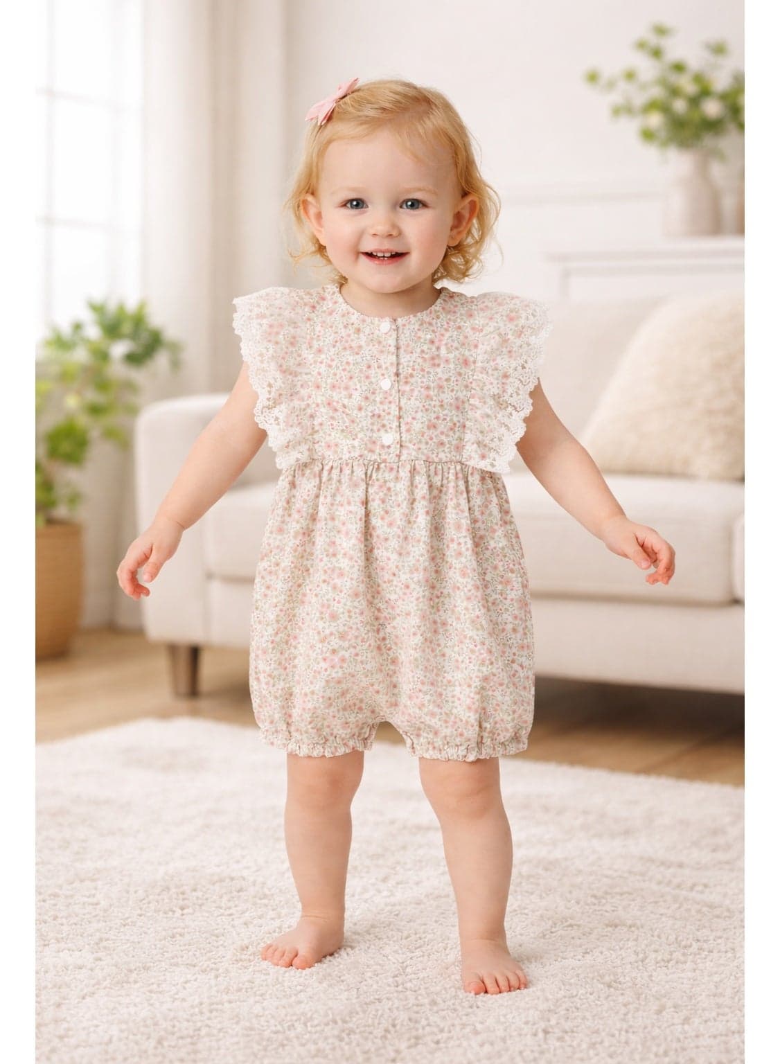 Baby Girl Floral Romper Dress 6–24 Months | Lace Flutter Sleeve Cotton Bodysuit | Soft Summer Outfit for Infant & Toddler Girls