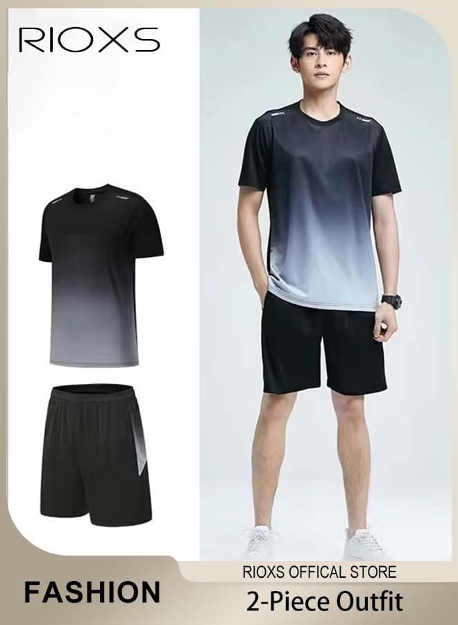 Men's 2-Piece Athletic Tracksuit with Gradient Color, Casual Workout Sportswear Set, Crew Neck T-shirts and Loose Leg Shorts, Great for Daily Wear and Sports