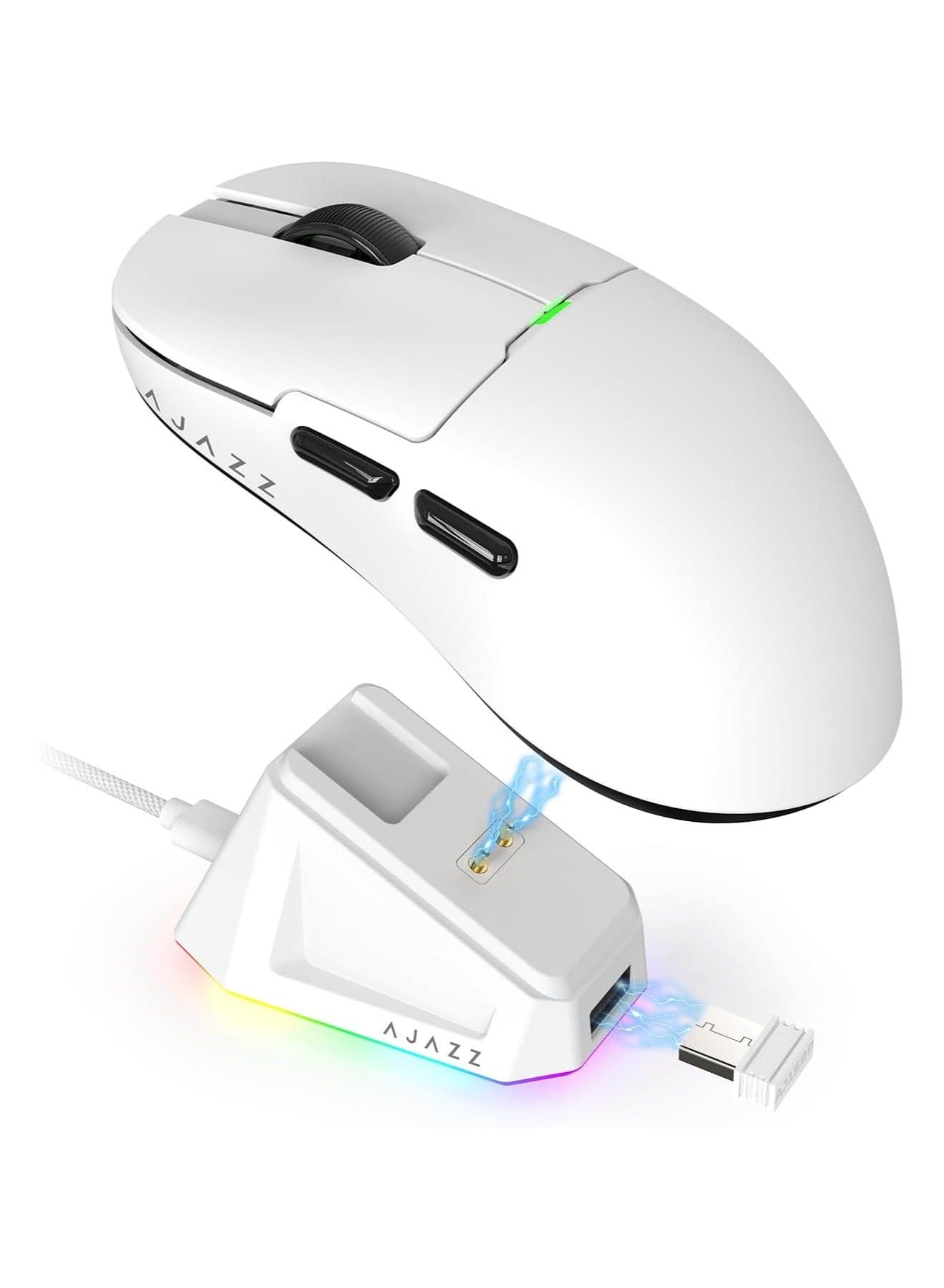 AJ159 Pro Gaming Mouse,2.4Ghz/Wired/Wireless Mice with Magnetic Charging Dock, Ultra-Light 56g, Pixart PAW3395 Sensor, 26000 DPI, 6 Programmable Buttons, 200Hrs Battery, for PC/MAC,white