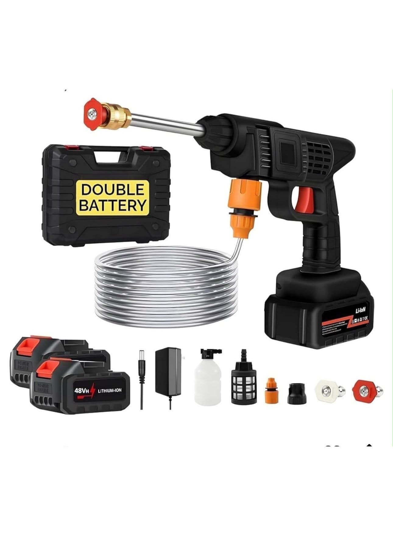 Cordless High Pressure Washer Gun 48V Rechargeable Battery Portable Car Washer Spray Gun with 2 Batteries, Foam Bottle & 5M Water Hose