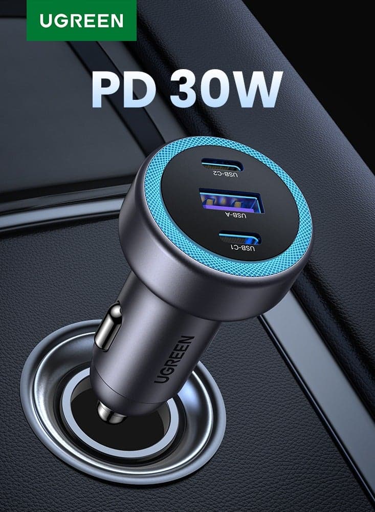 Car Charger 30W 2C1A Fast Car Adapter USB Type C Car Plug With Bule Led Indicator Compatible with iPhone 16 15 14 Pro Max Galaxy S25 24 23 Ultra Huawei Xiaomi Honor Oppo Vivo Apple Watch S10 Earbuds 30W
