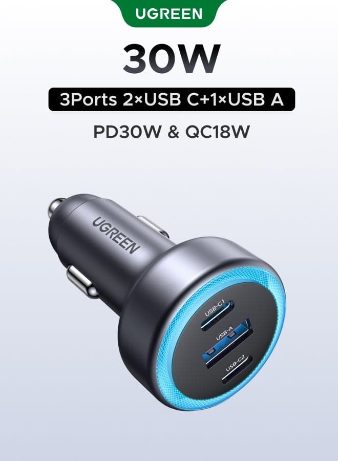 30W Car Charger Type C, 3-Device Fast Charging car charger with USB-C1 + USB-A + USB-C2 and Clear Blue LED Light , PD 3.0 car charging adapter, 2C1A Durable Reliable car charger adapter for iPhone 17/16/15 /14/13/12, Samsung GalaxyS26/S25/S24/S23/S21,GalaxyZ Fold/Z Flip 3-6series, Google Pixel8/9, Huawei, iPad Mini and More 30W