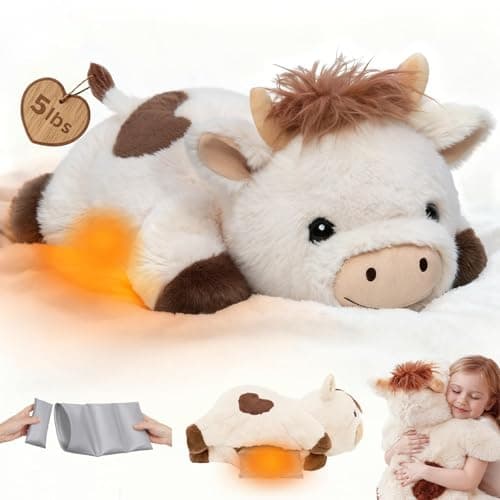 Mewaii Weighted Stuffed Animals for Adults Kids 25 lbs 23 Heatable Coolable Cow Plush Microwavable Adjustable Removable Inner Pad Realistic Hug Comfort Gift White